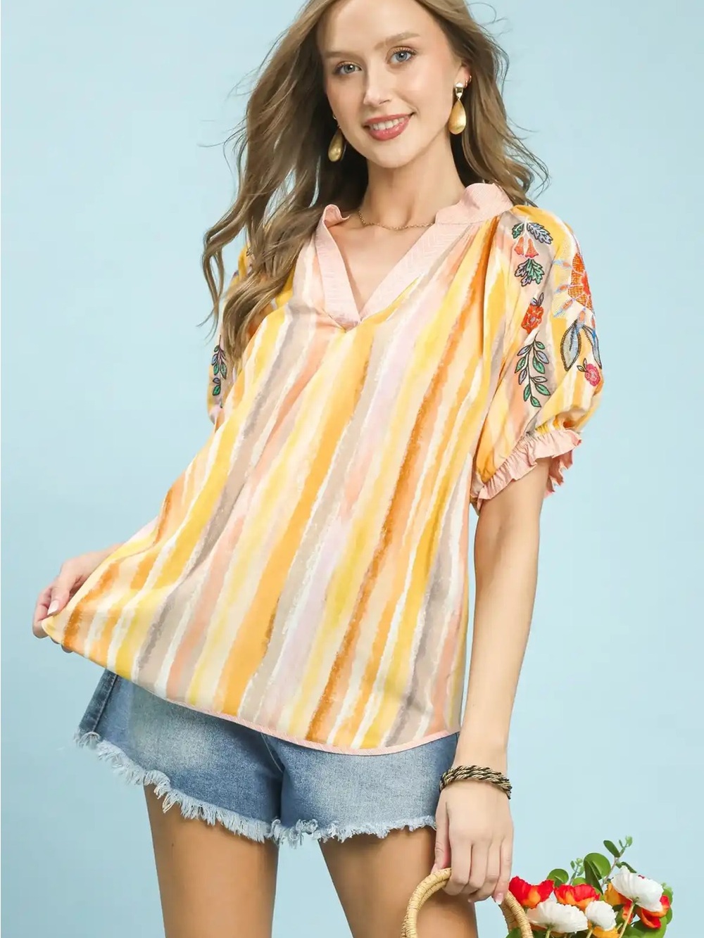 Umgee Yellow Pink Striped Embroidered Puff Sleeve V-Neck Top